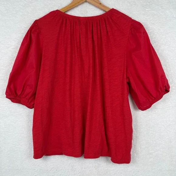 Old Navy Womens XL Red Slub Knit Poplin Puff Sleeve Blouse Top Cotton Relaxed - Picture 4 of 6